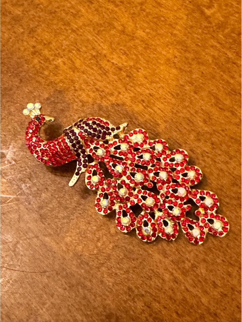 Vintage Red and Gold Peacock Brooch with Rhinestones 615
